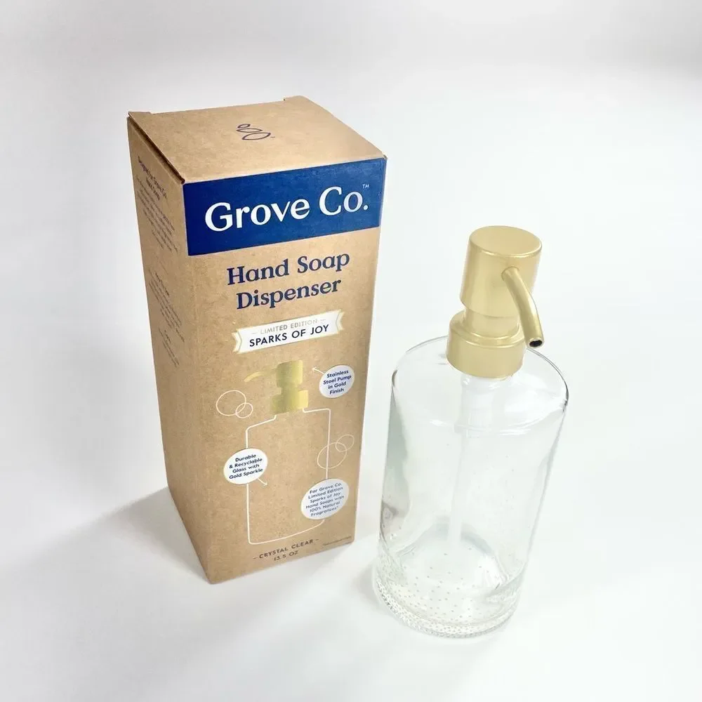 Grove collaborative sparks of Joy hand soap dispenser clear gold 13.5